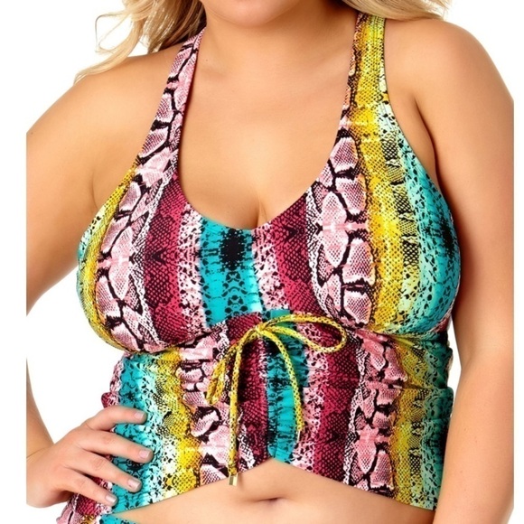ALLURE Women's Multi Color Stretch Ruched Scoop Neck Tankini Swimsuit Top - Picture 1 of 7